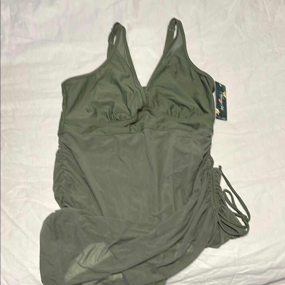 Green One Piece Swimsuit with V-Neck and Ruching
